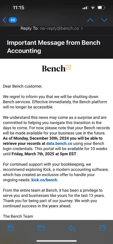 Closure of Bench Accounting Message